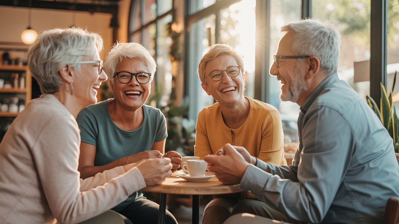 A group of seniors laughing and socializing together at a bright, welcoming community space