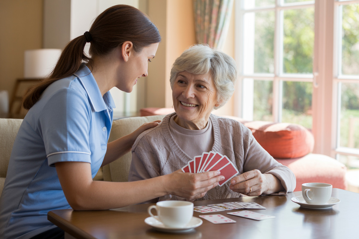 Caregiver and elderly person enjoying a social activity together at home