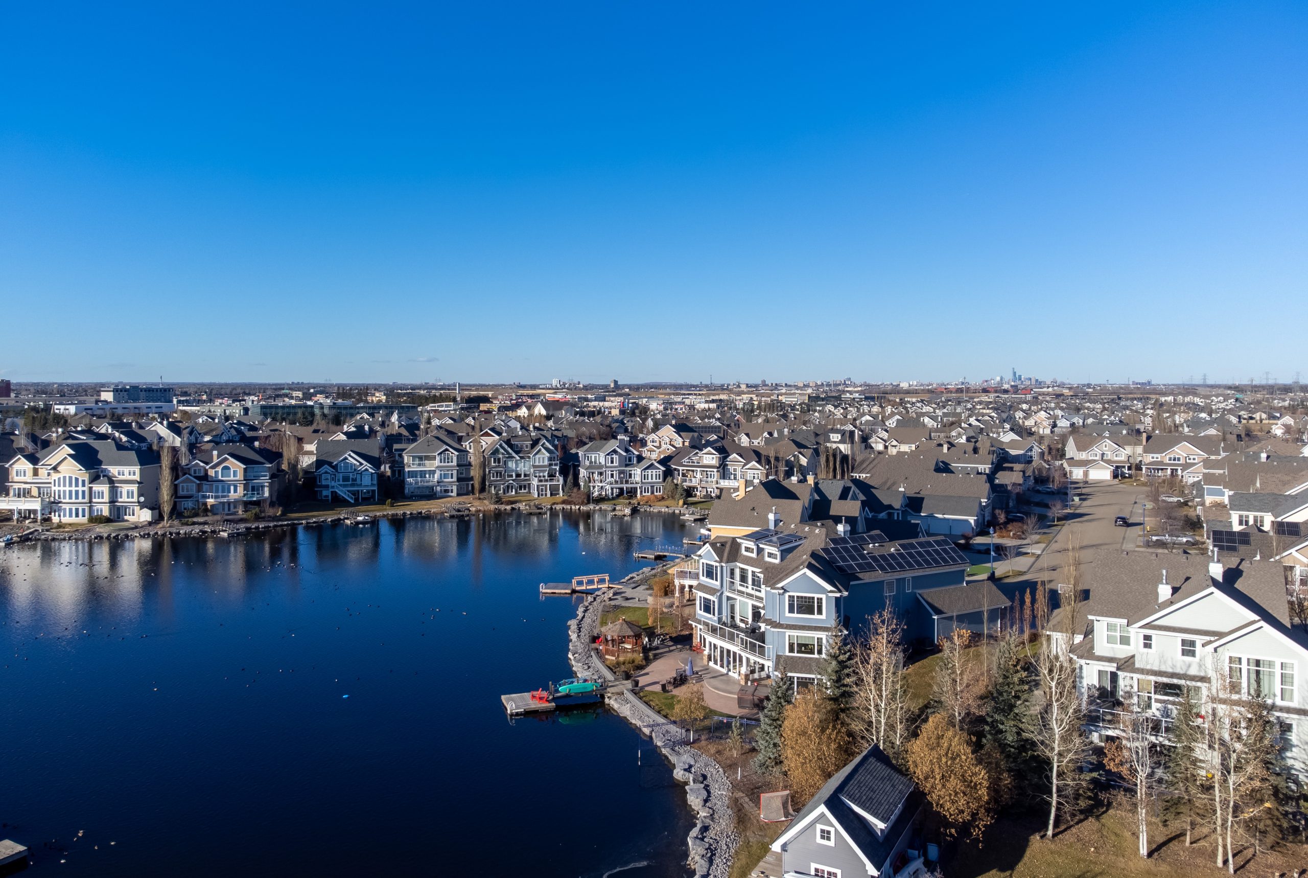 Scenic lake and community views in the Summerside neighbourhood of southeast Edmonton